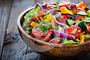 Fresh vegetable salad in wooden bowl