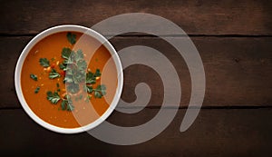 Fresh Vegetable Soup in Bowl on Rustic Wooden Table, Copy Space