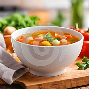 Fresh vegetable soup in a white bowl on a wooden table.