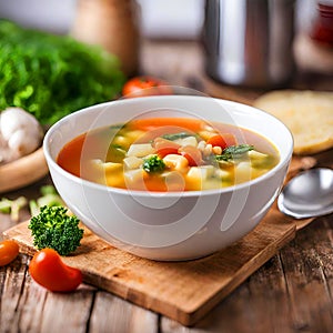 Fresh vegetable soup in a white bowl on a wooden table.
