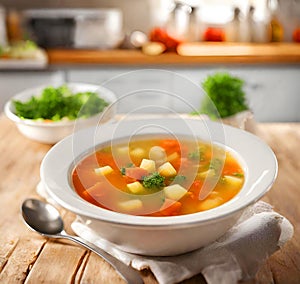 Fresh vegetable soup in a white bowl on a wooden table.