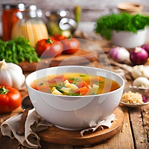 Fresh vegetable soup in a white bowl on a wooden table.