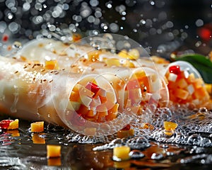 Fresh Vegetable Spring Rolls with Spicy Herbs, Corn, and Chili Flakes, Water Droplets Capturing Movement and Freshness