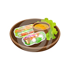Fresh vegetable spring rolls vector illustration. Asian food illustration.