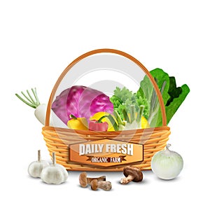 Fresh vegetable in wicker basket on white