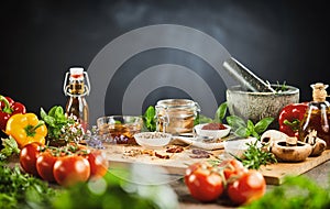 Fresh vegetables, aromatic herbs and spices