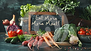 fresh vegetables arranged neatly next to a sign that humorously declares Eat More Meat on a sleek, white modern table