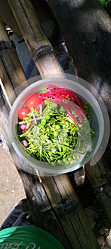 Fresh vegetables on bamboo chairs