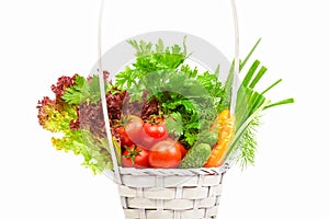 Fresh vegetables in basket on white background