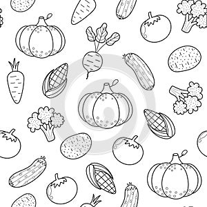 Fresh vegetables black and white seamless pattern in cartoon style. Healthy food doodle background