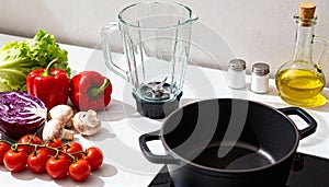 Fresh Vegetables and Blender on a Bright Kitchen Counter