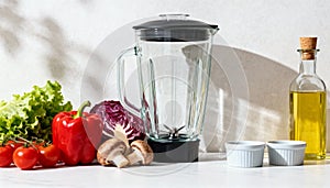Fresh Vegetables and Blender on a Bright Kitchen Counter