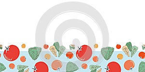 Fresh Vegetables Border-Vegi Delight, seamless repeat pattern illustration.Background in red,green orange and blue