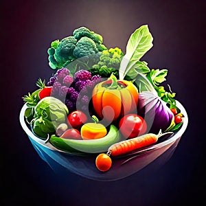 Fresh vegetables in a bowl on a dark background. Vector illustration. generative AI