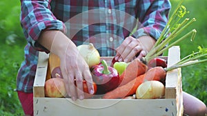 Fresh vegetables in a box on the hands of a young girl.