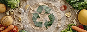 Fresh vegetables and a brown paper recycle symbol, embodying sustainable living and healthy food choices.