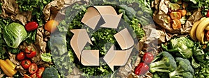 Fresh vegetables and a brown paper recycle symbol, embodying sustainable living and healthy food choices.