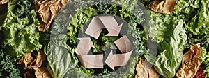 Fresh vegetables and a brown paper recycle symbol, embodying sustainable living and healthy food choices.