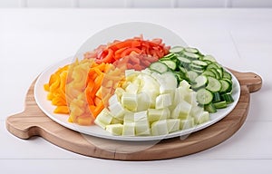 fresh vegetables cut raw on wooden plate on white table for cooking