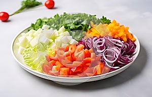 fresh vegetables cut raw on wooden plate on white table for cooking