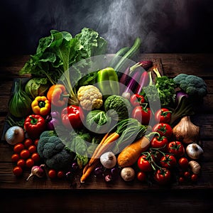 Fresh vegetables on a dark misty background