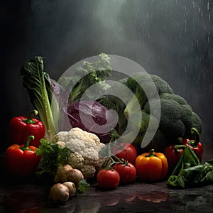 Fresh vegetables on a dark misty background