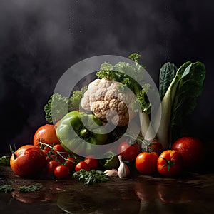 Fresh vegetables on a dark misty background