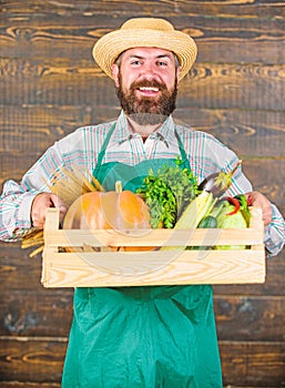 Fresh vegetables delivery service. Fresh organic vegetables box. Man cheerful bearded farmer wear apron presenting