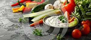 Fresh Vegetables and Dip on Table