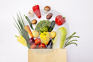 Fresh vegetables in eco friendly paper bag on white background, top view. Food delivery. Grocery shopping. Healthy eating concept
