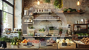 Fresh vegetables and eco products ina stylish market store, healthy and sustainable choices offered