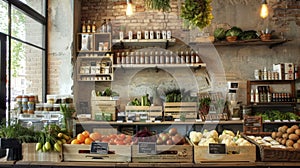 Fresh vegetables and eco products ina stylish market store, healthy and sustainable choices offered photo