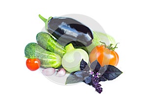 Fresh vegetables. Eggplant, tomatoes, onion, zucchini, cucumber, garlic, basil, salad food ingredients isolated on white
