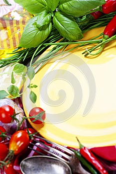 Fresh vegetables and empty plate (for your text)