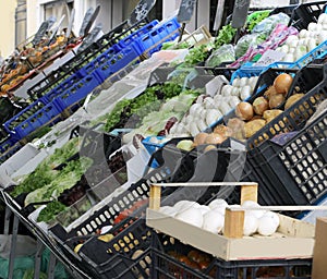 Fresh vegetables and fruit in the vegetable market stall