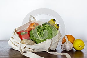 Fresh vegetables and fruits in cotton bag. Zero Waste, Plastic free concept