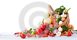Fresh vegetables and fruits isolated on white background.