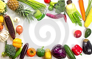 Fresh vegetables and fruits isolated on white background with copy space,Colorful fruits and vegetables,clean eating,vegetables