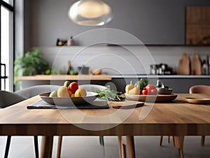 Fresh Vegetables And Fruits On Kitchen Table, Modern Kitchen Interior