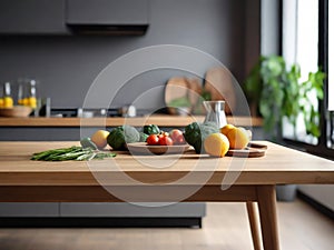 Fresh Vegetables And Fruits On Kitchen Table, Modern Kitchen Interior