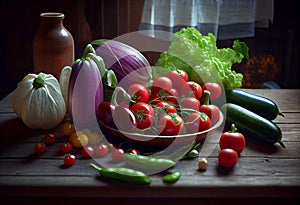 Fresh vegetables and fruits lie on the table at the farmer's market. AI Generated