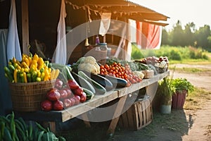 Fresh vegetables and fruits lie on the table at the farmer's market. AI Generated