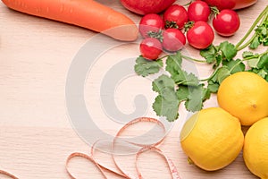 Fresh vegetables, fruits, pure water, healthy food, diet, nutritional and fitness life concept