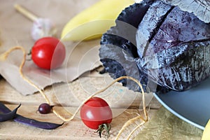 Fresh vegetables and fruits on a wooden table, healthy food, ingredients for cooking lunch, dinner