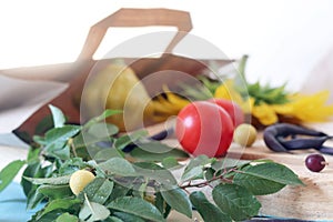 Fresh vegetables and fruits on a wooden table, healthy food, ingredients for cooking lunch, dinner