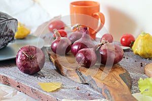 Fresh vegetables and fruits on a wooden table, healthy food, ingredients for cooking lunch, dinner