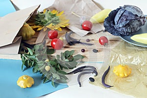 Fresh vegetables and fruits on a wooden table, healthy food, ingredients for cooking lunch, dinner