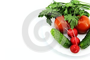 Fresh vegetables from the garden on a white round plate