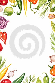 fresh vegetables and herbs arranged in a square frame on a white background