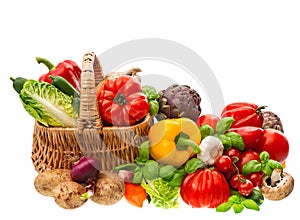 Fresh vegetables and herbs. Shopping basket. Healthy nutrition